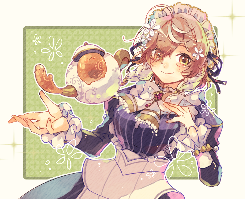 1girl, blush, braid, breasts, brown_hair, eyes_visible_through_hair, flower, hair_flower