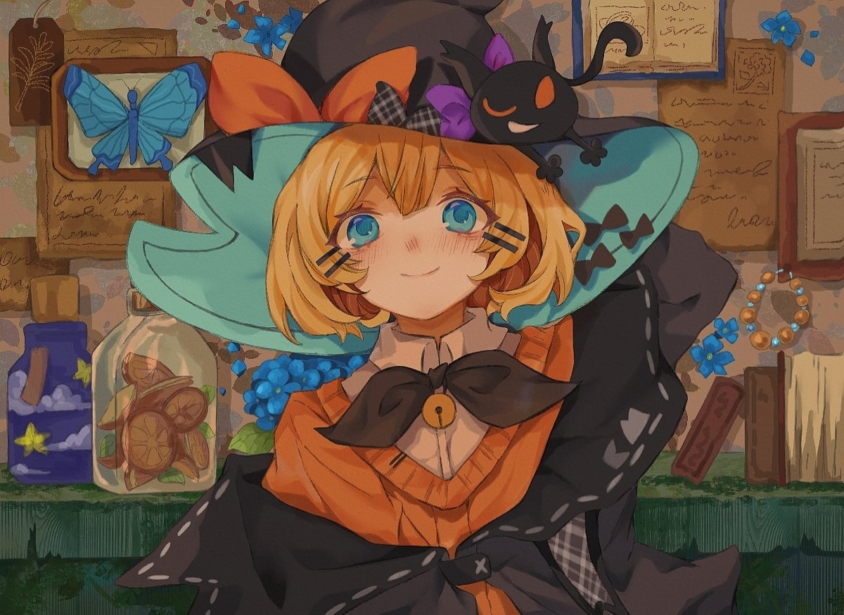 1girl, aqua_eyes, arm_behind_head, bell, blonde_hair, blush, bow, bug