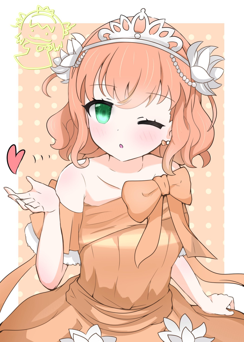 1girl, ;o, blowing_kiss, blush, bow, bow_earrings, brb9864, child's_drawing