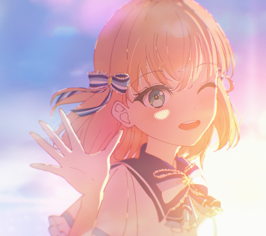 1girl, 365_days_(love_live!), ;d, aqua_eyes, blue_bow, blue_bowtie, blue_ribbon, blue_sky
