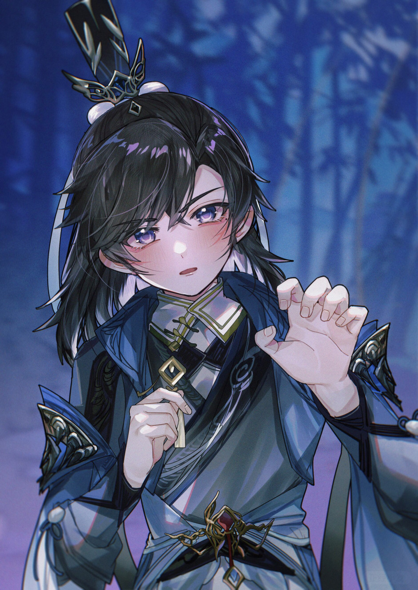 1boy, absurdres, black_hair, blush, chinese_clothes, chun_yang_(jian_wang_3), hair_ornament, hanfu