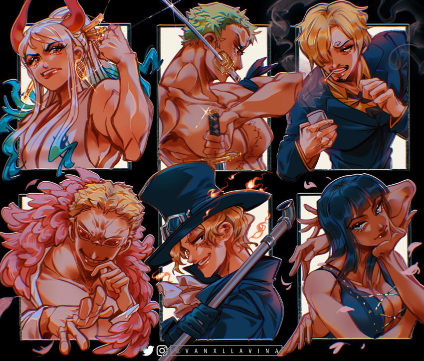 2girls, 4boys, bandana_around_arm, black_coat, black_gloves, black_hair, black_jacket, blonde_hair