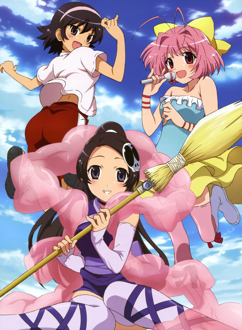 absurdres, antenna_hair, black_hair, blush, boots, bow, broom, brown_eyes