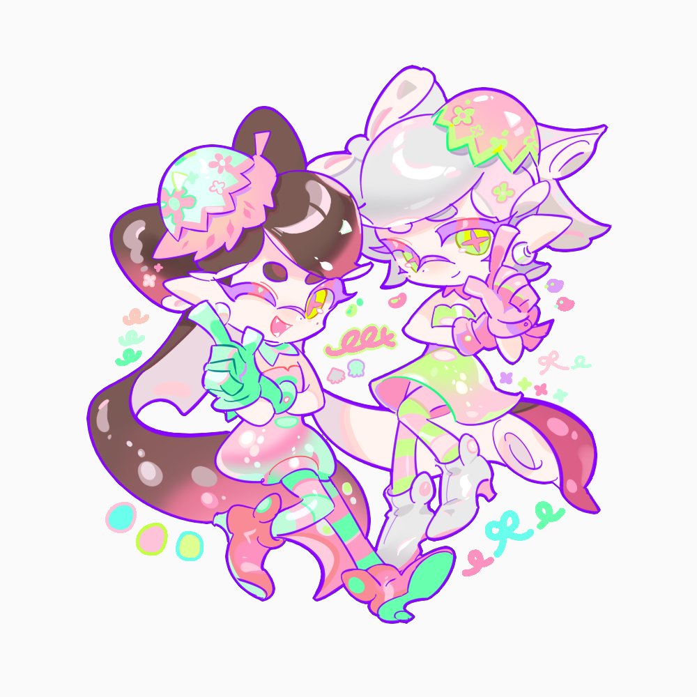 2girls, black_hair, bow-shaped_hair, callie_(splatoon), closed_mouth, commentary, cousins, cracked_egg, dress, egg, fangs, gloves, green_eyes, green_gloves, grey_hair, high_heels, index_finger_raised, inkling, long_hair, marie_(splatoon), mir0_damgom, mole, mole_under_eye, multiple_girls, one_eye_closed, open_mouth, pantyhose, pink_gloves, pink_pupils, pointy_ears, short_eyebrows, short_hair, simple_background, smile, splatoon_(series), splatoon_3, star-shaped_pupils, star_(symbol), strapless, strapless_dress, striped_clothes, striped_pantyhose, symbol-shaped_pupils, tentacle_hair, thick_eyebrows, white_background