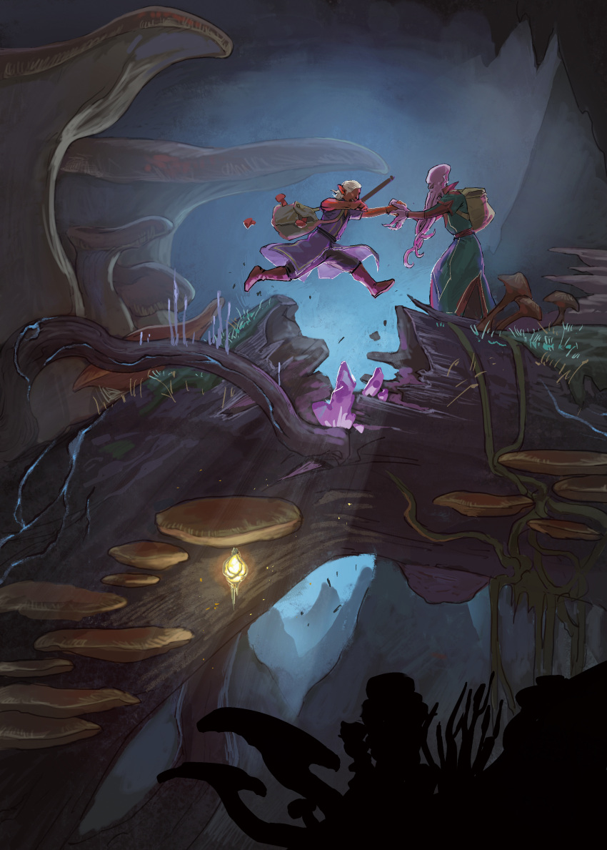 2boys, absurdres, backpack, bag, baldur's_gate, baldur's_gate_3, blurg_(forgotten_realms), boots, catching, cave, chinese_commentary, colored_skin, commentary_request, crystal, dungeons_&amp;_dragons, from_side, giant_mushroom, green_robe, highres, jumping, knee_boots, lantern, midair, mindflayer, moss, multiple_boys, mushroom, omeluum, open_mouth, outdoors, pants, plant, pointy_ears, profile, purple_pants, purple_robe, purple_skin, red_footwear, red_skin, robe, scenery, short_hair, stalactite, standing, tentacles, tree_trunk_bridge, underground, white_hair, wide_shot, zhongshe