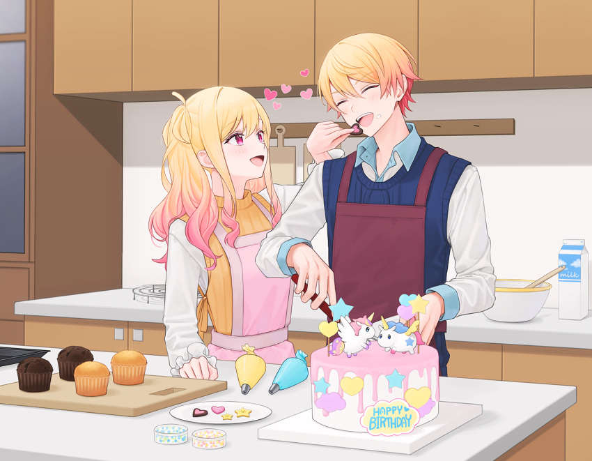 1boy, 1girl, 2_(tsvf3235), baking, blonde_hair, blue_vest, blush, bowl