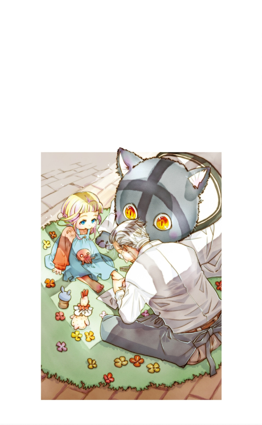 1boy, 1girl, amano_kozue, animal, applying_pedicure, apron, black_cat, blonde_hair