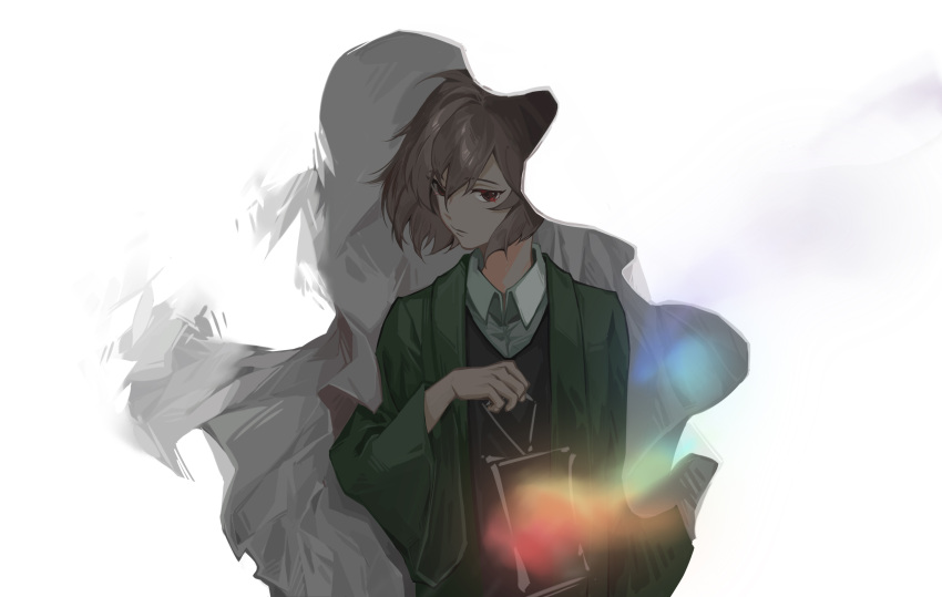 1boy, absurdres, black_vest, brown_hair, closed_mouth, collared_shirt, green_jacket, harada_mutei
