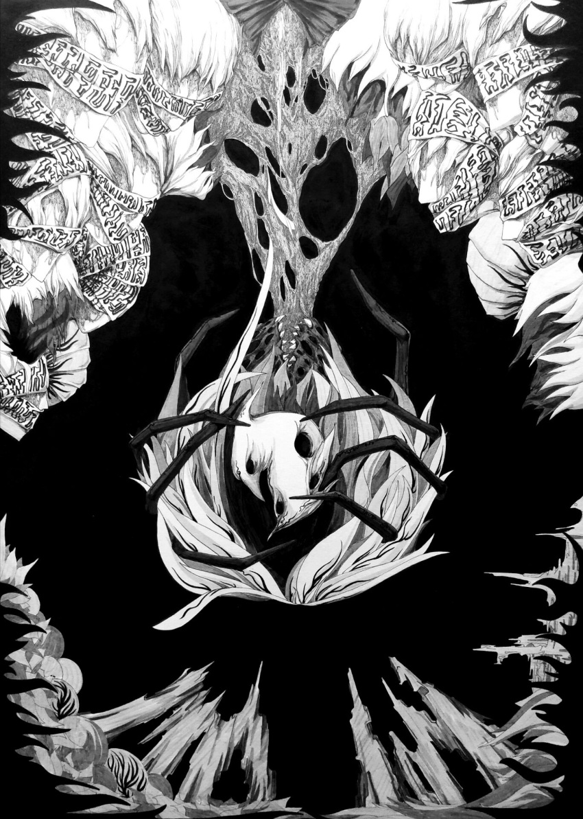 abstract, black_background, bug, commentary, e-yui!!!, greyscale, highres, horror_(theme), monochrome, original, spider, talisman, teeth, traditional_media