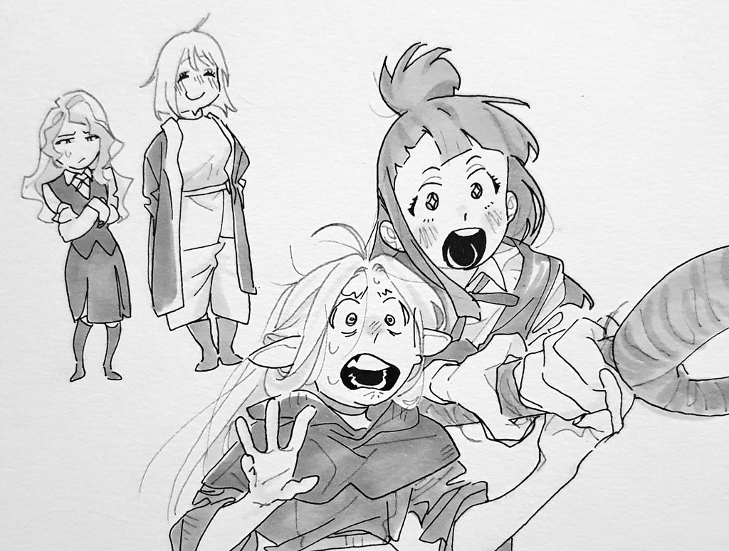 4girls, braid, crossover, diana_cavendish, dungeon_meshi, falin_touden, holding, holding_staff, little_witch_academia, marcille_donato, multiple_girls, open_mouth, samipeko, single_braid, smile, staff, surprised, worried