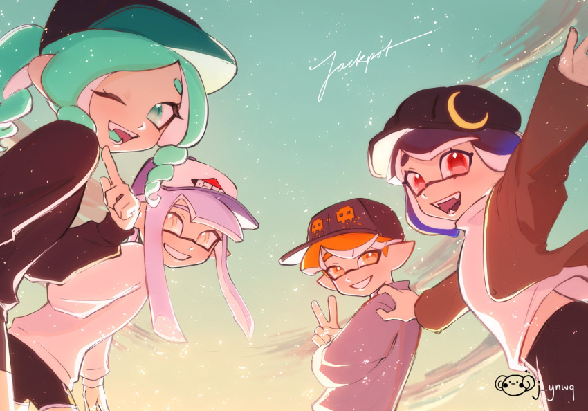 1boy, 3girls, aqua_eyes, aqua_hair, artist_name, baseball_cap, black_hat, blue_hair, commentary, english_commentary, grey_sweater, hat, highres, inkling, inkling_boy, inkling_girl, inkling_player_character, j_ynwq, long_hair, looking_at_viewer, medium_hair, multiple_girls, octoling, octoling_girl, octoling_player_character, open_mouth, orange_eyes, orange_hair, pink_hair, pointy_ears, print_headwear, red_eyes, short_hair, smile, splatoon_(series), splatoon_3, sweater, teeth, tentacle_hair, twitter_username, v, yellow_eyes
