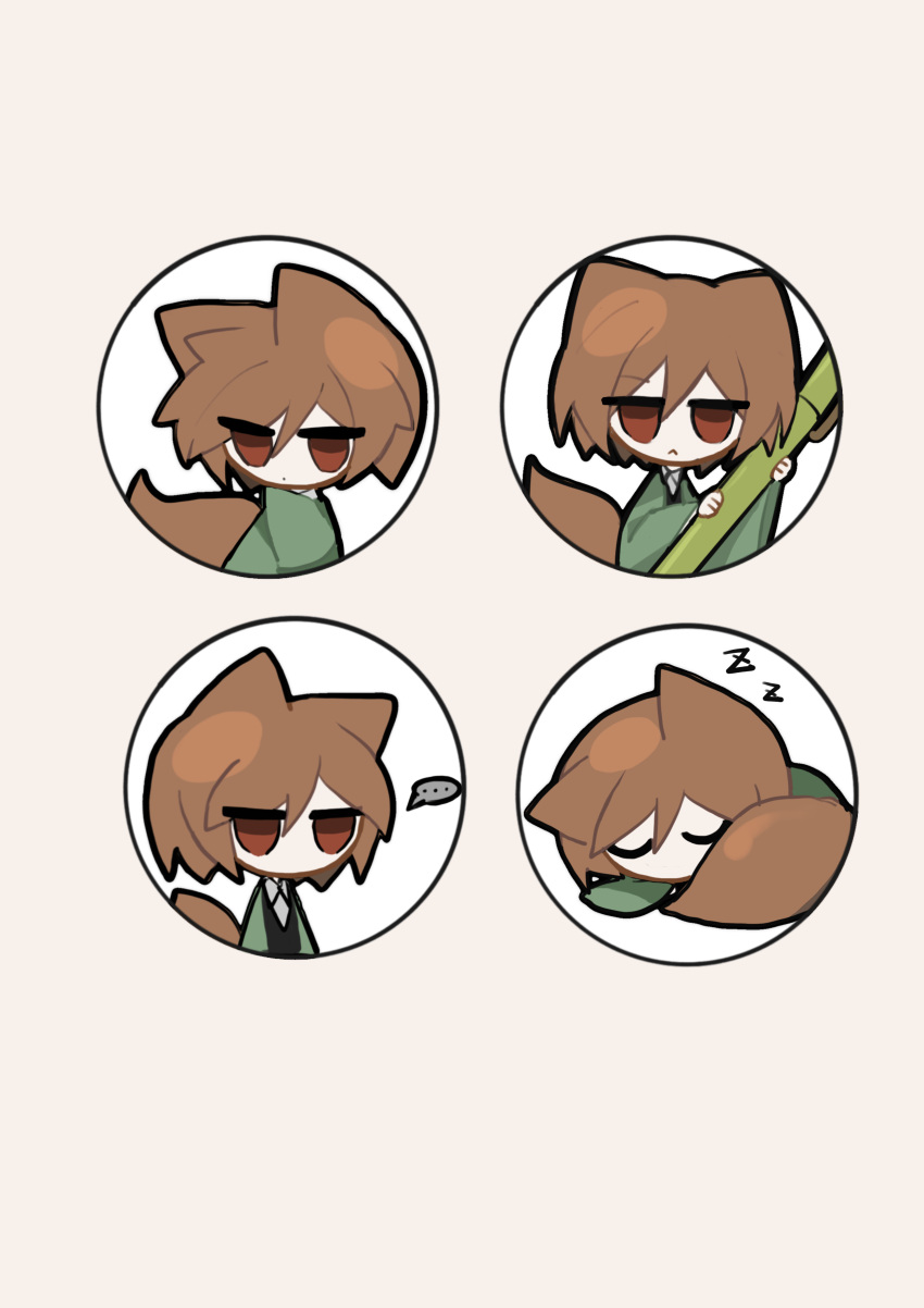 ..., 1boy, absurdres, animal_ears, black_vest, brown_hair, chibi, chibi_only, chinese_commentary, closed_eyes, closed_mouth, collared_shirt, commentary_request, fox_boy, fox_ears, fox_tail, green_jacket, harada_mutei, highres, jacket, kemonomimi_mode, lesnuitsblanches, long_sleeves, male_focus, multiple_views, no_mouth, no_nose, open_clothes, open_jacket, red_eyes, saibou_shinkyoku, shirt, short_hair, spoken_ellipsis, tail, vest, white_shirt, wide_sleeves, zzz