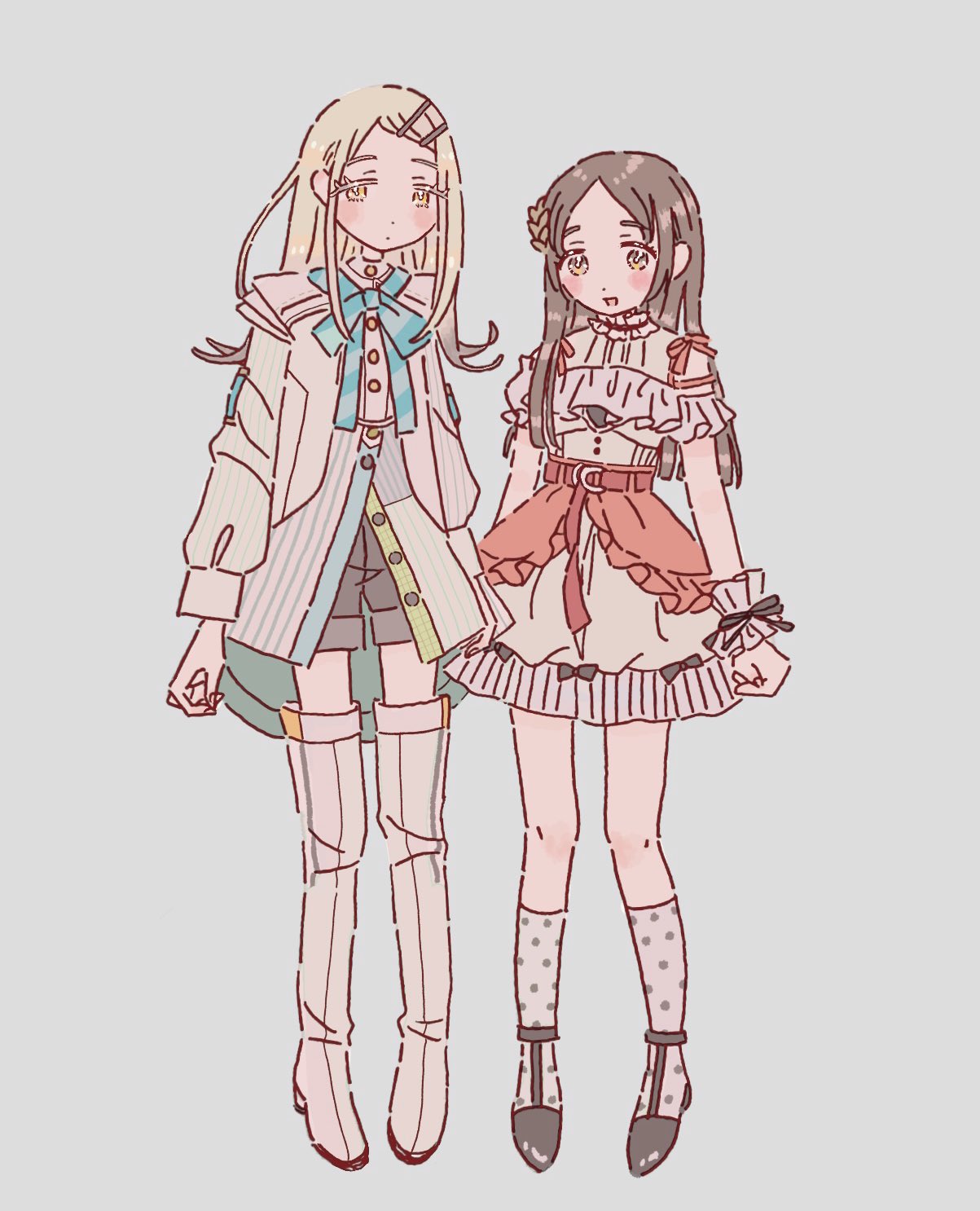 2girls, arms_at_sides, black_shorts, blonde_hair, blue_ribbon, blush, boots, bouryoku_hantai, brown_hair, closed_mouth, colored_tips, commentary, dot_mouth, dress, flipped_hair, forehead, frilled_dress, frills, gakuen_idolmaster, grey_background, grey_socks, hair_ornament, hairclip, hajime_(idolmaster), highres, idolmaster, jacket, kuramoto_china, laurels, long_hair, long_sleeves, looking_at_viewer, multicolored_hair, multiple_girls, neck_ribbon, open_mouth, overskirt, parted_bangs, pinstripe_jacket, pinstripe_pattern, polka_dot_socks, red_skirt, ribbon, shinosawa_hiro, short_dress, short_shorts, shorts, side-by-side, simple_background, skirt, sleeve_cuffs, smile, socks, strappy_heels, swept_bangs, thigh_boots, wrist_cuffs, yellow_eyes