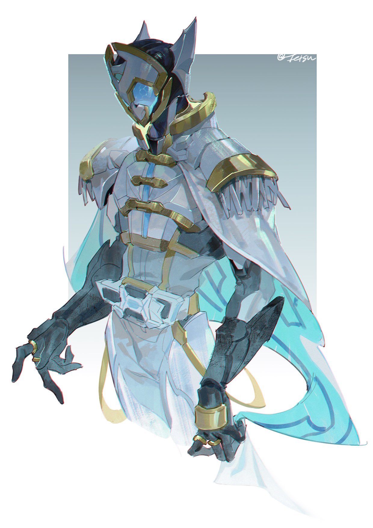 1boy, armor, blue_eyes, cape, commentary_request, driver_(kamen_rider), full_armor, gauntlets, glowing, glowing_eyes, highres, kamen_rider, kamen_rider_outsiders, kamen_rider_zein, male_focus, open_hand, rider_belt, side_cape, solo, tetsuuut, tokusatsu, white_armor