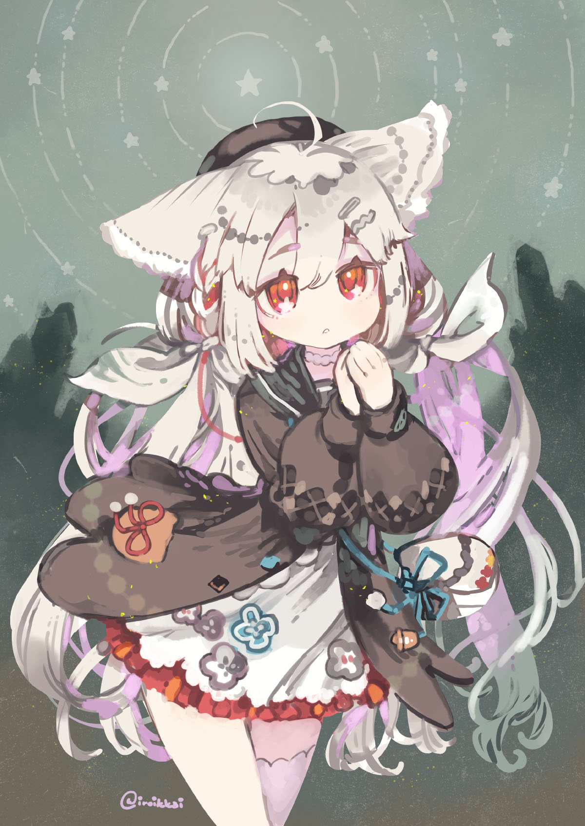 animal_ears, asymmetrical_legwear, black_dress, commission, cowboy_shot, dress, ears_down, fox_ears