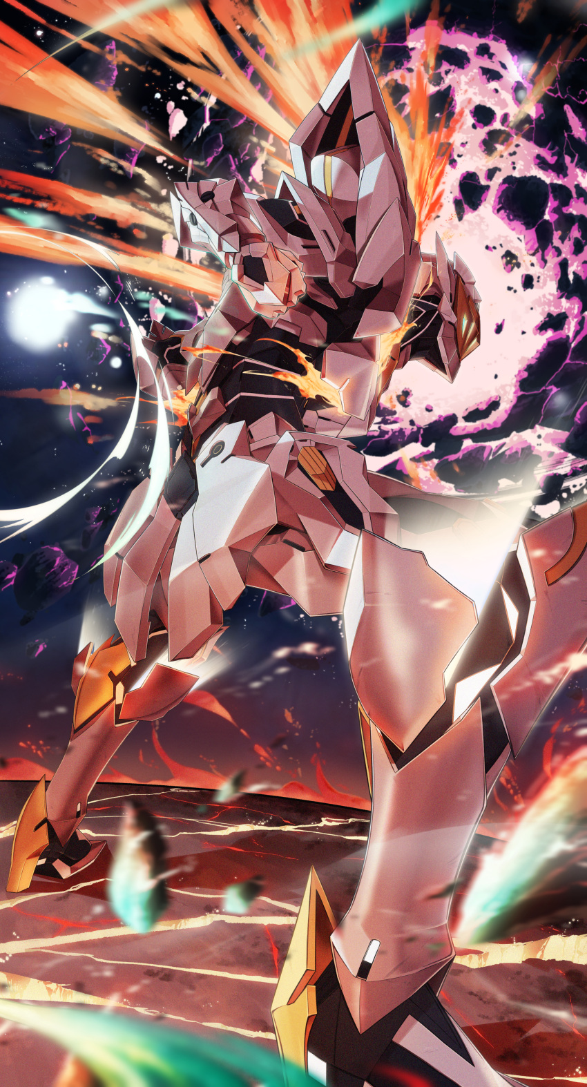 1girl, absurdres, armor, crack, cracked_floor, explosion, fighting_stance, fire