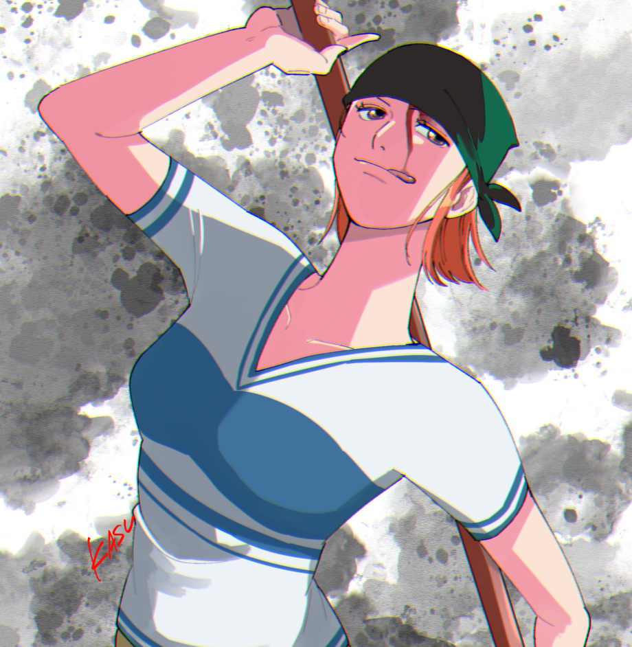 1girl, arm_up, bandana, blood, blood_on_face, breasts, copyright_request, eyelashes
