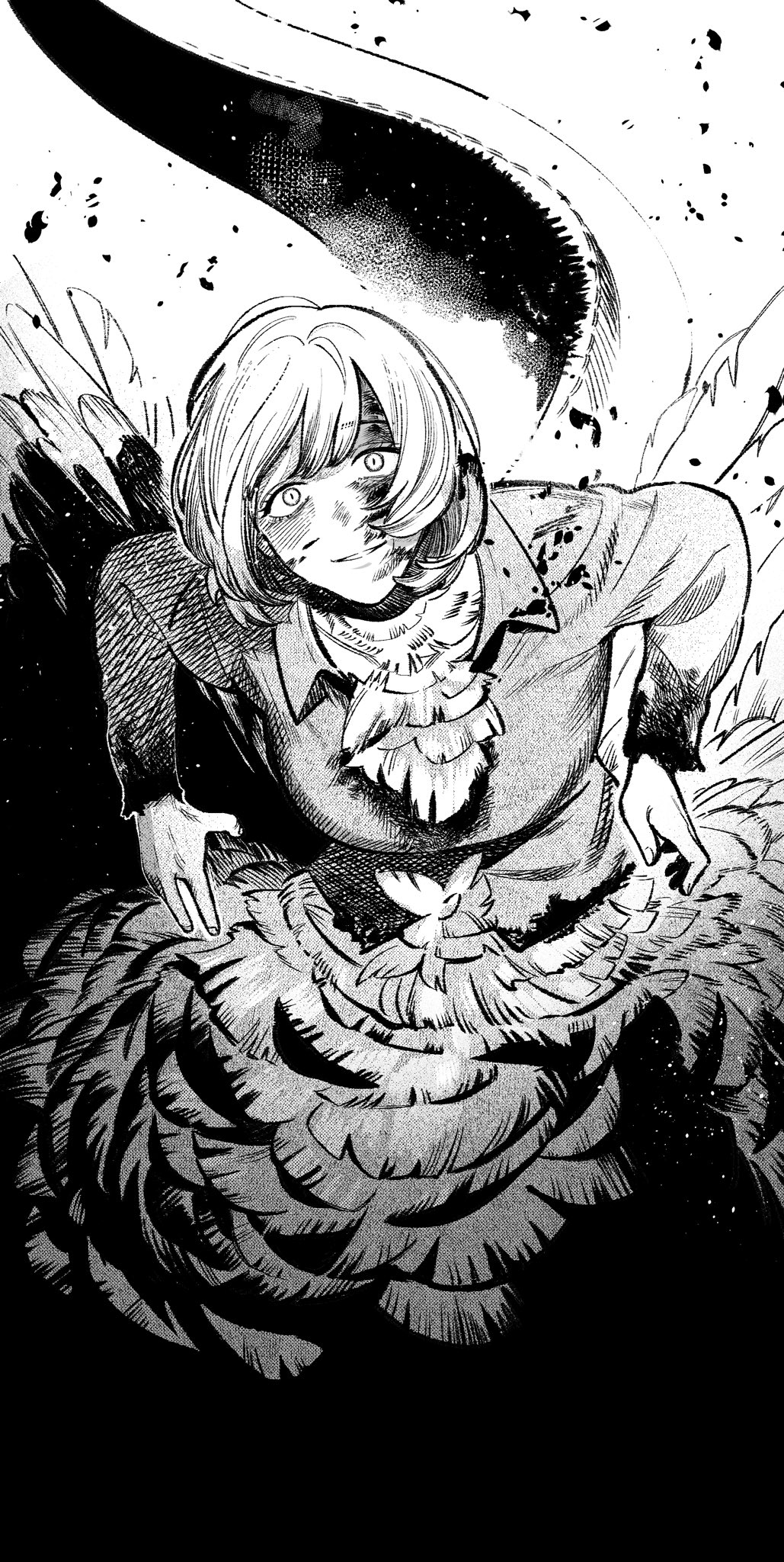 1girl, blood, blood_on_face, cowboy_shot, crazy_smile, dragon_tail, dungeon_meshi, falin_touden