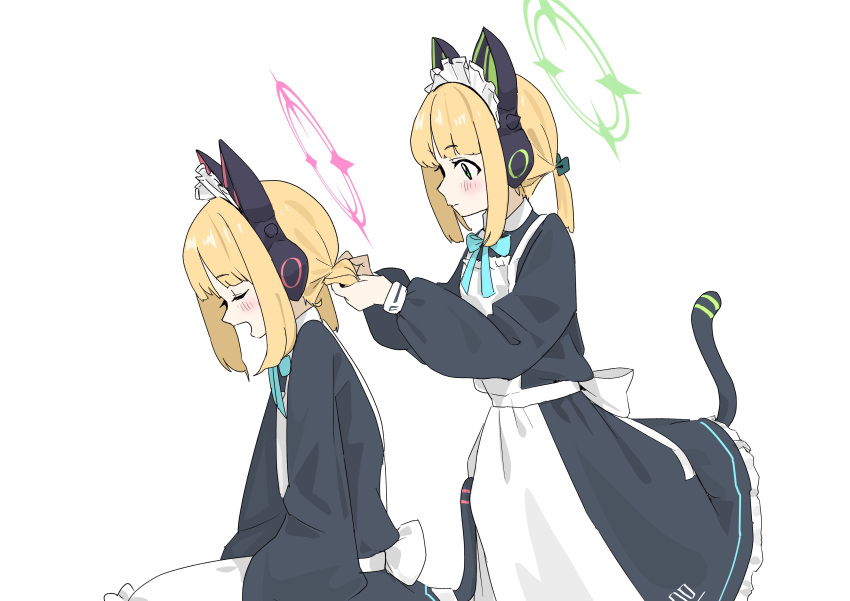 2girls, absurdres, animal_ear_headphones, animal_ears, apron, black_dress, blonde_hair, blue_archive