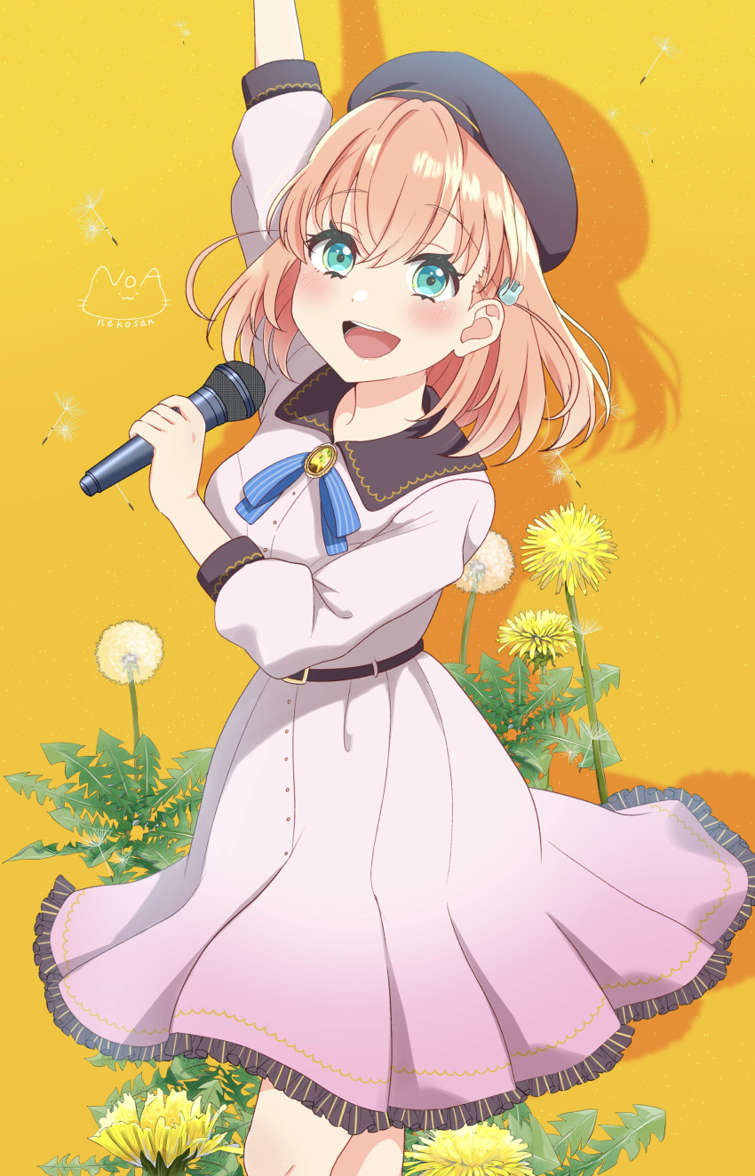 1girl, :d, absurdres, aqua_eyes, arm_up, blue_ribbon, blush, commentary_request