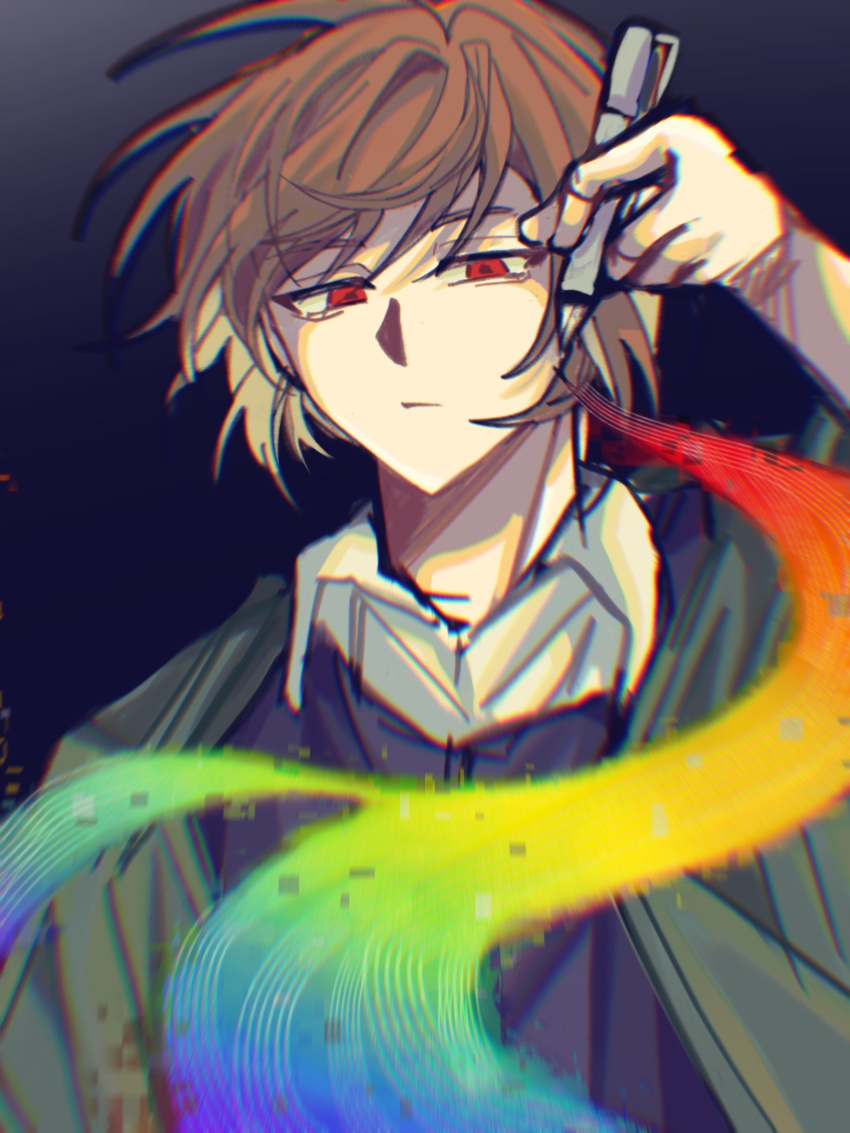 1boy, black_vest, brown_hair, chinese_commentary, collared_shirt, commentary_request, green_jacket, harada_mutei