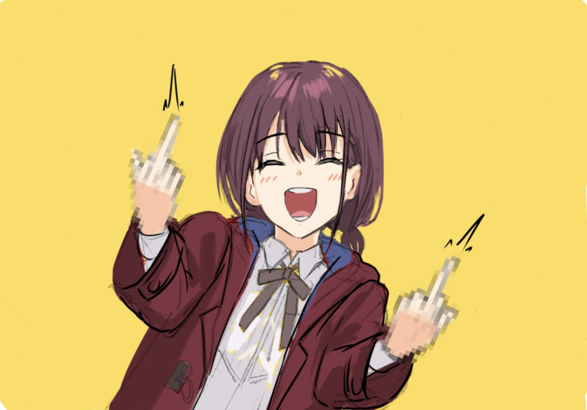 1girl, ^_^, blush, brown_hair, brown_ribbon, censored, censored_gesture, closed_eyes