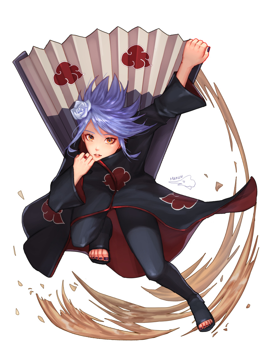 1girl, absurdres, akatsuki_uniform, artist_name, bad_id, bad_pixiv_id, black_nails, blue_flower, blue_hair, enue_(makar1995), flower, full_body, hair_bun, hair_flower, hair_ornament, highres, jewelry, konan_(naruto), long_sleeves, looking_at_viewer, nail_polish, naruto_(series), naruto_shippuuden, orange_eyes, ring, short_hair, signature, single_hair_bun, solo, uniform, weapon