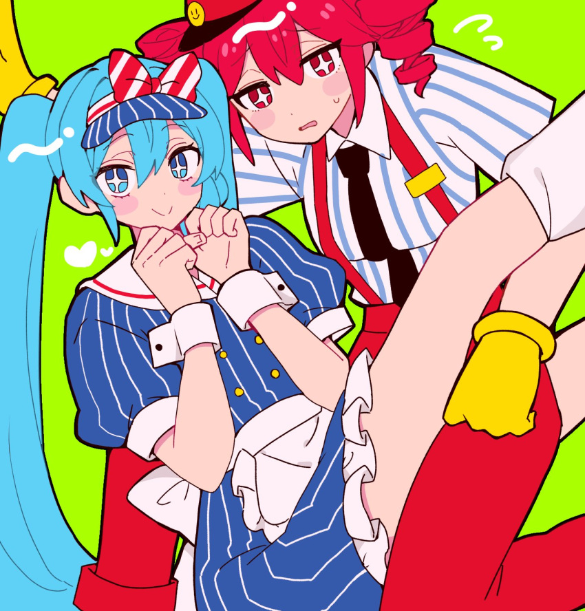 apron, aqua_eyes, aqua_hair, black_necktie, blue_dress, blue_hat, blue_shirt, blush_stickers