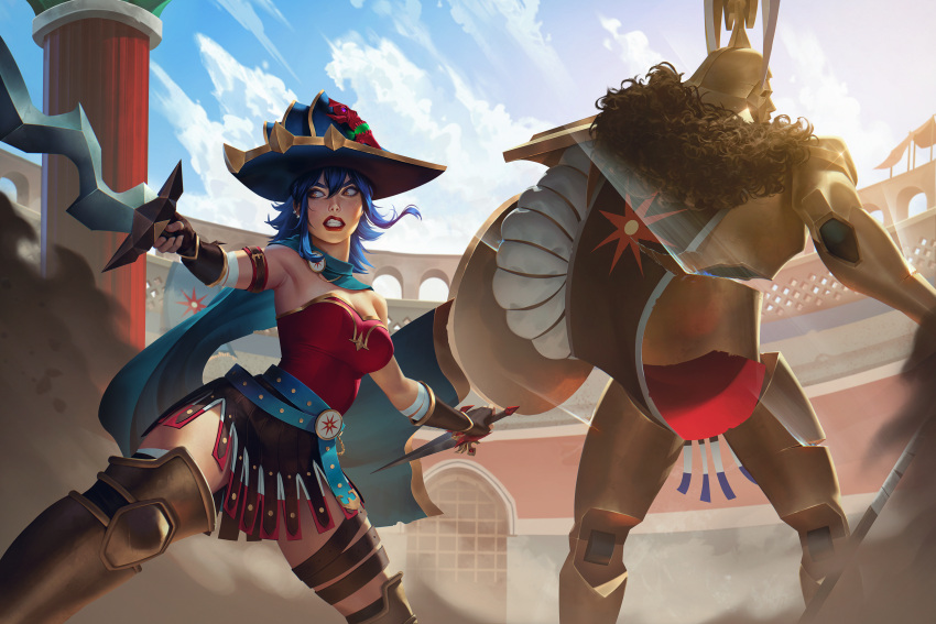 1boy, 1girl, absurdres, armor, armored_boots, bandaged_arm, bandages, battle_damage, belt, belt_buckle, blue_hair, boots, boss_fight, breasts, brown_skirt, buckle, cape, clenched_teeth, clouds, cloudy_sky, colosseum, colossus, commentary, commission, cracked_helmet, dang_(runescape), duellist's_cap_(tier_6), earrings, english_commentary, fighting, fingerless_gloves, fur-trimmed_cape, fur_trim, gladiator, glint, gloves, glowing_hat, gold_trim, green_belt, green_cape, hat, highres, holding, holding_shield, jewelry, johnny_azad, leg_armor, leotard, light, long_hair, looking_to_the_side, medium_breasts, multiple_earrings, old_school_runescape, orange_eyes, original, pillar, ponytail, red_leotard, runescape, sand, serious, shield, skirt, sky, smile, standing, stone_pillar, sun_symbol, teeth, thick_eyebrows, torn_cape, torn_clothes, weapon, yellow_eyes