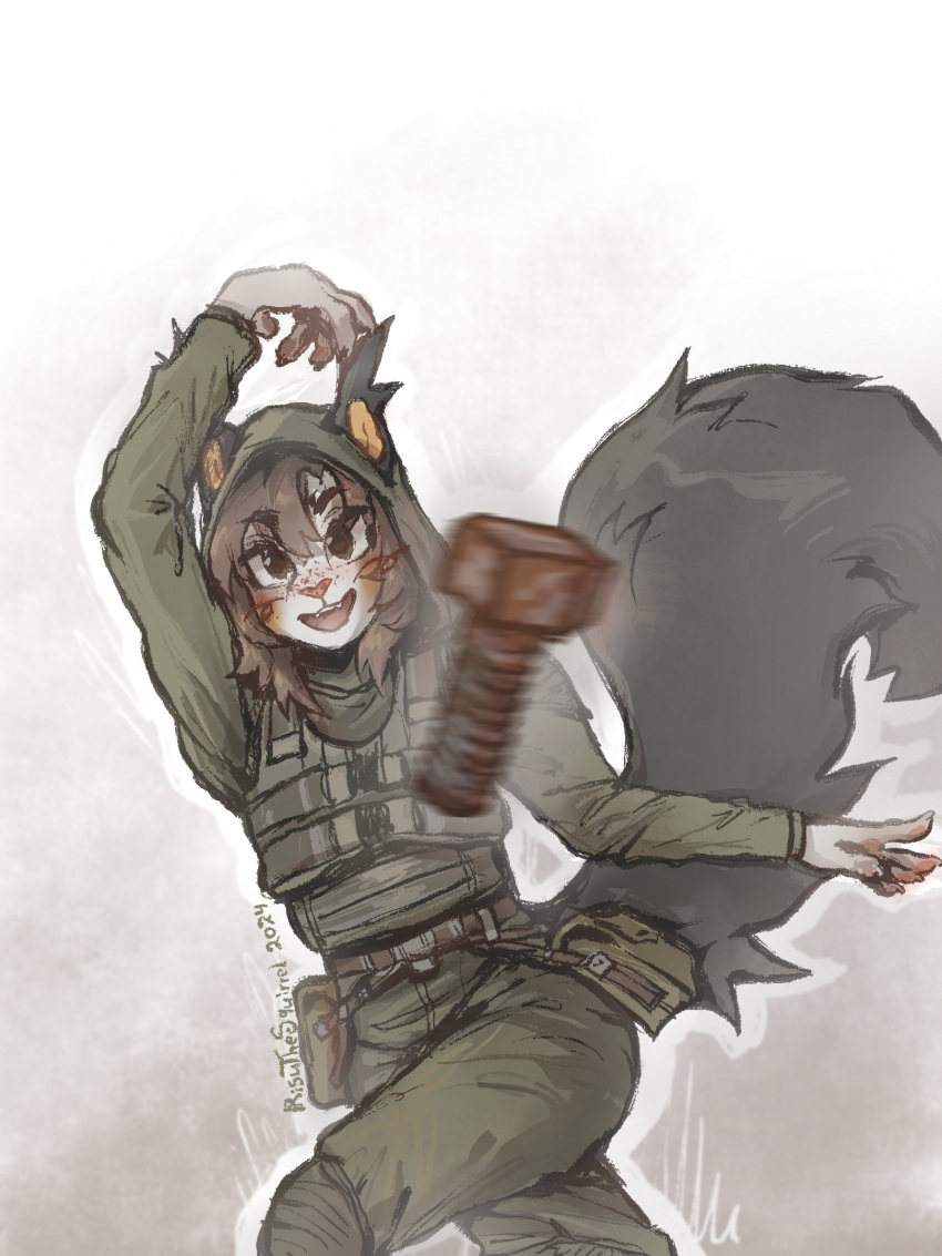 1girl, animal_ears, anime_girl_throwing_things_(meme), arm_up, black_eyes, blush, brown_hair, bulletproof_vest