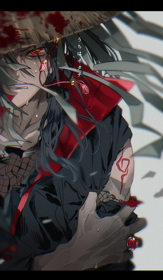 1boy, akatsuki_uniform, amo0617, black_hair, blood, blood_on_hat, commentary_request, hair_between_eyes