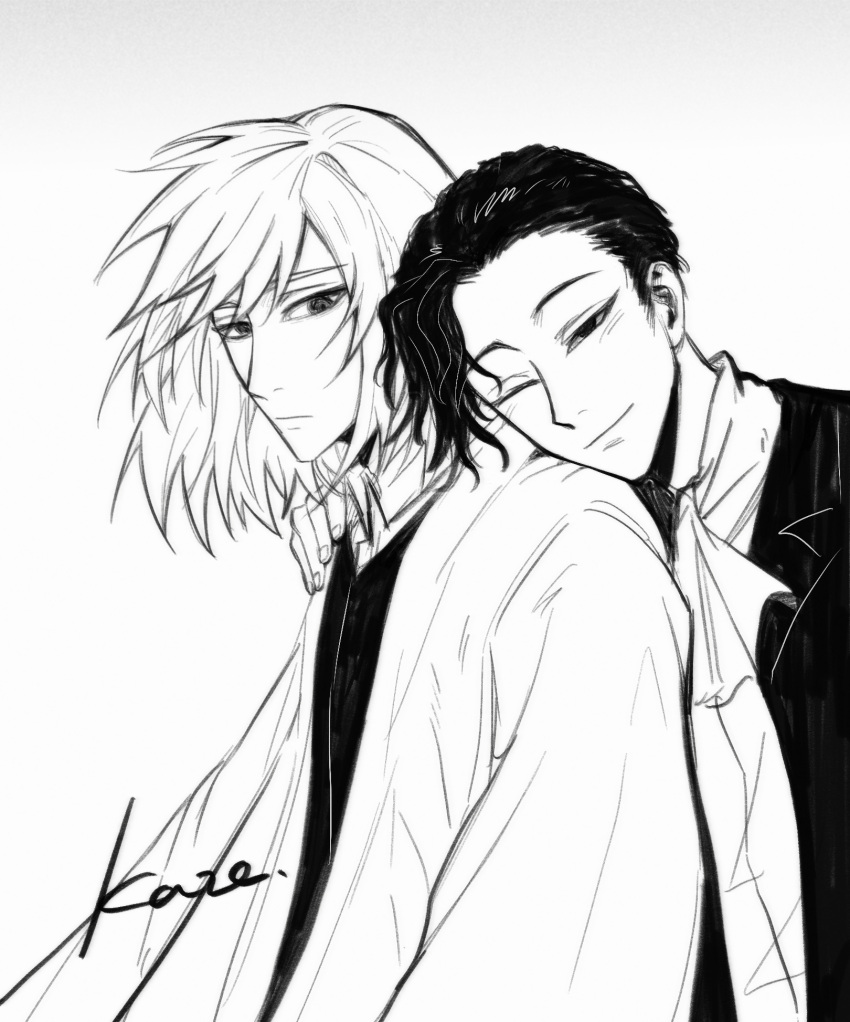 2boys, ascot, chinese_commentary, closed_mouth, collared_shirt, commentary_request, greyscale, hand_on_another's_shoulder