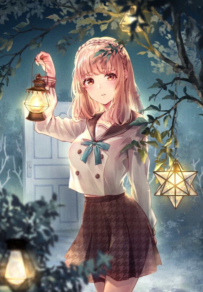 1girl, arm_behind_back, arm_up, black_skirt, blonde_hair, blue_bow, blue_bowtie, bow
