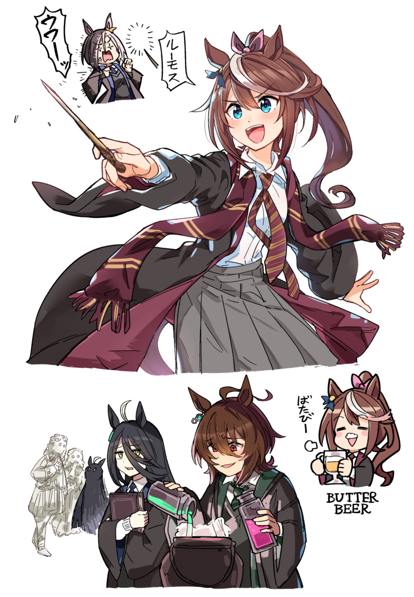 2girls, 3girls, agnes_tachyon_(umamusume), ahoge, air_groove_(umamusume), alcohol, alternate_costume, animal_ears, beer, black_hair, black_robe, blue_eyes, blush, book, brown_hair, collared_shirt, commentary_request, cosplay, cup, diagonal-striped_clothes, diagonal-striped_necktie, ear_ornament, ear_ribbon, earrings, ghost, green_necktie, grey_sweater, gryffindor, hair_between_eyes, harry_potter_(series), helena_ravenclaw, high_ponytail, highres, hogwarts_school_uniform, holding, holding_book, holding_cup, holding_wand, horse_ears, horse_girl, ido_(teketeke), jewelry, long_bangs, long_hair, long_sleeves, manhattan_cafe_(umamusume), multicolored_hair, multiple_girls, necktie, open_mouth, ponytail, ravenclaw, red_eyes, robe, sailor_collar, scarf, school_uniform, shirt, short_hair, simple_background, single_earring, skirt, slytherin, smile, streaked_hair, striped_clothes, striped_necktie, striped_scarf, sunday_silence_(racehorse), sweater, symboli_rudolf_(umamusume), tokai_teio_(umamusume), translated, two-tone_hair, umamusume, upper_body, violet_eyes, wand, white_background, white_hair, white_shirt, wizarding_world, yellow_eyes