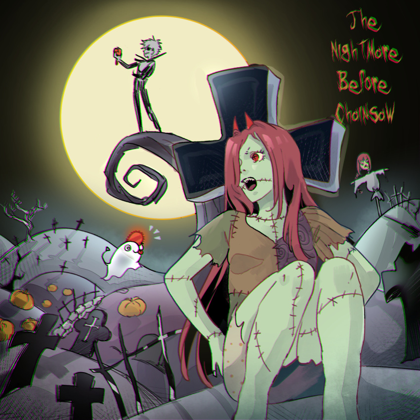 amachu_a, breasts, chainsaw_man, chromatic_aberration, commentary, cosplay, cross-shaped_pupils, denji_(chainsaw_man)