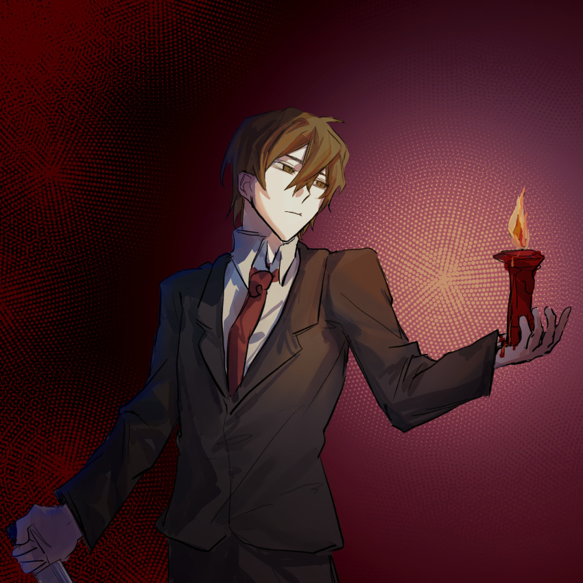 1boy, black_jacket, black_pants, brown_eyes, brown_hair, candle, chinese_commentary, chuanlinanjiana
