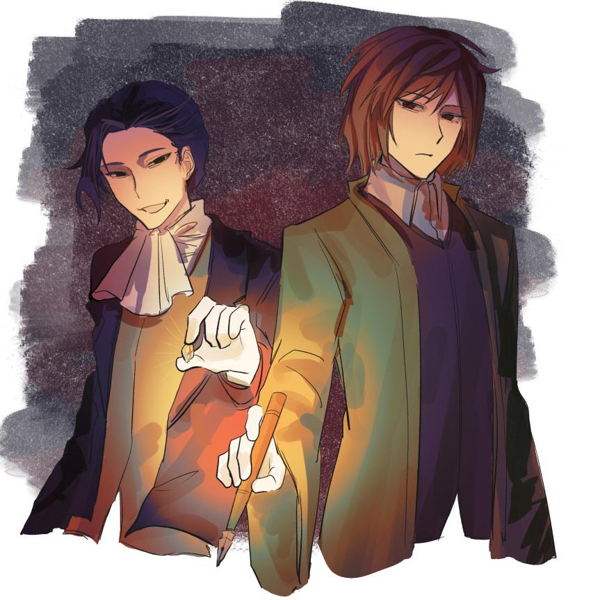 2boys, absurdres, ascot, black_eyes, black_jacket, black_vest, blue_hair, brown_hair