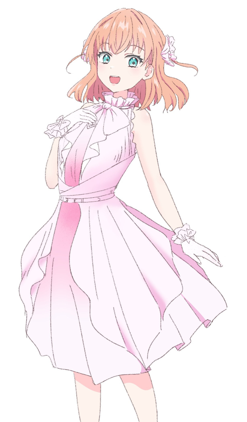 1girl, :d, aqua_eyes, commentary_request, crossed_bangs, dress, feet_out_of_frame, frilled_gloves