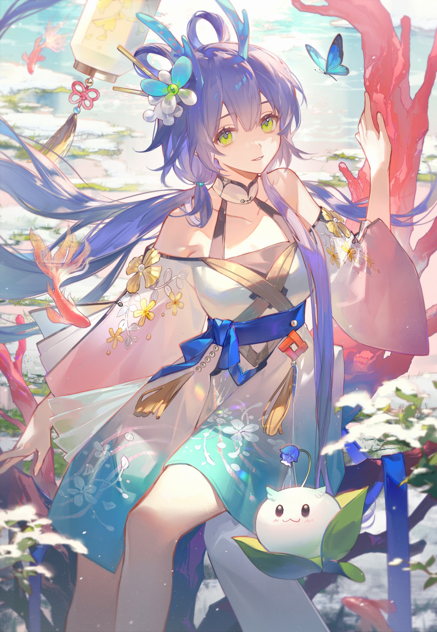 1girl, absurdres, arm_up, bare_shoulders, barefoot, black_hair, blue_butterfly, bug