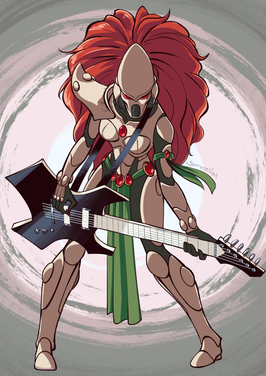 1girl, armband, armor, artist_name, asymmetrical_armor, bodysuit, bodysuit_under_clothes, boobplate