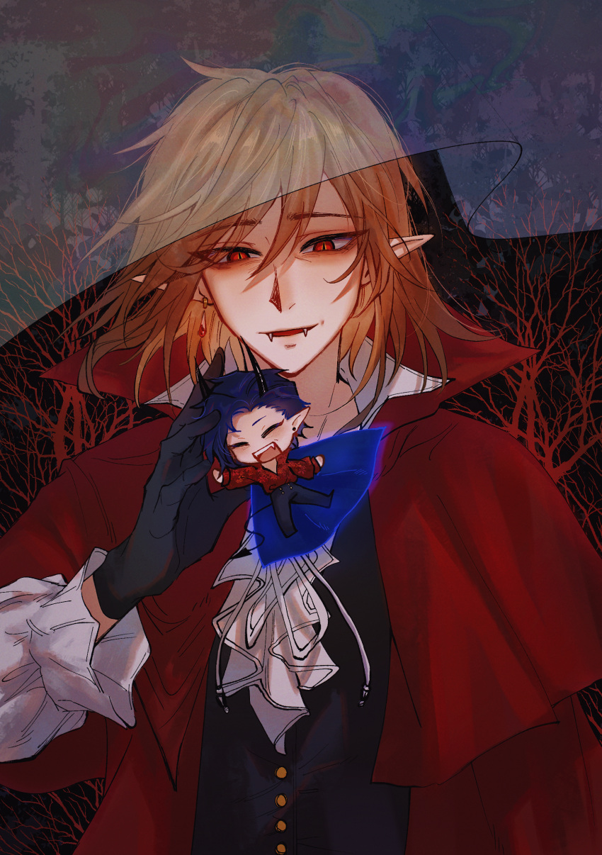2boys, absurdres, alternate_costume, ascot, black_gloves, black_horns, black_pants, black_vest, blue_hair, brown_hair, commentary, dark_blue_hair, english_commentary, fangs, gloves, hair_between_eyes, halloween_costume, harada_mutei, highres, horns, jacket, kaze_(yznyttdgs), long_sleeves, male_focus, mini_person, miniboy, multiple_boys, open_clothes, open_jacket, open_mouth, pants, pointy_ears, red_eyes, red_jacket, red_shirt, saibou_shinkyoku, shirt, short_hair, slit_pupils, smile, utsugi_rangiri, vampire, vest, white_ascot, white_shirt