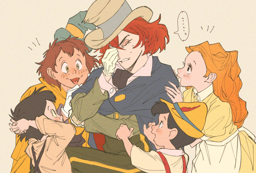 ..., 1girl, 4boys, apron, ascot, black_ascot, black_cape, black_hair