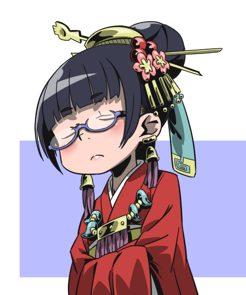 1girl, bell, bell_earrings, black_hair, blue-framed_eyewear, closed_mouth, commentary_request, earrings