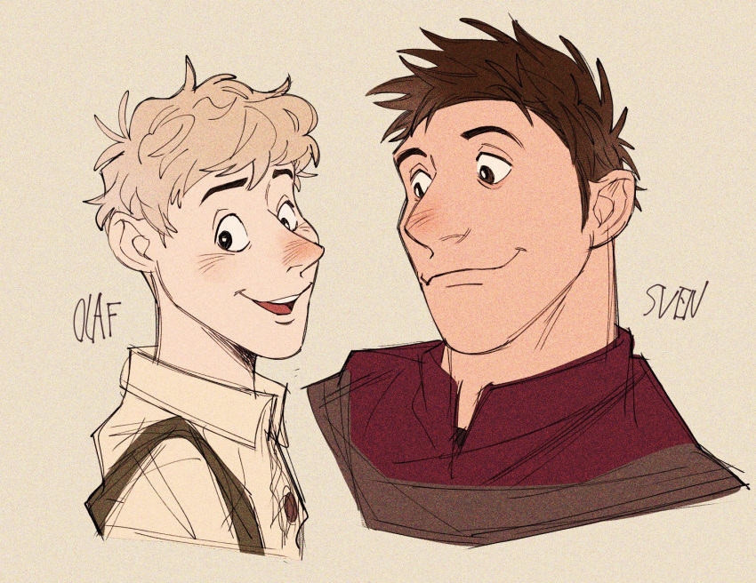 2boys, black_eyes, blush, bright_pupils, brown_hair, buttons, character_name, cropped_shoulders