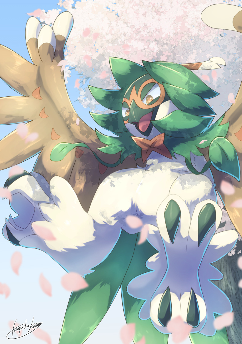 absurdres, animal_focus, bird, blue_sky, cherry_blossoms, commentary_request, decidueye, falling_petals