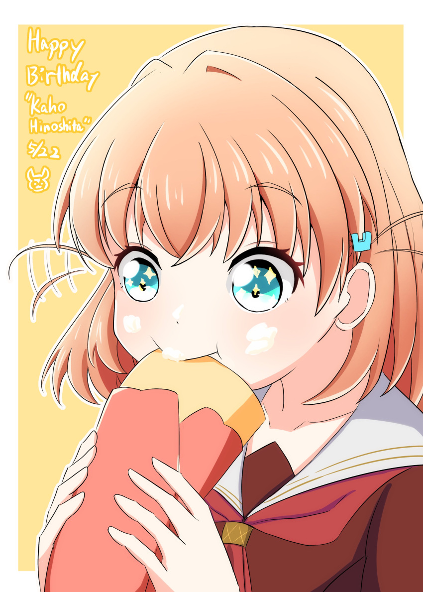 1girl, absurdres, aqua_eyes, border, brown_dress, character_name, closed_mouth, collarbone