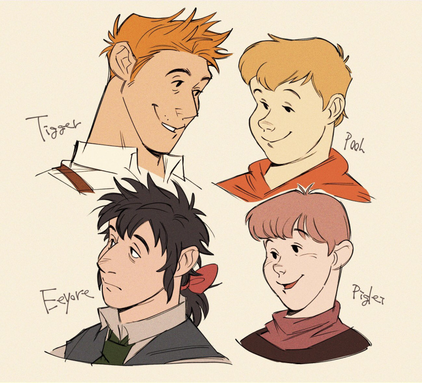 4boys, bags_under_eyes, black_hair, blonde_hair, bow, brown_hair, character_name, cropped_shoulders
