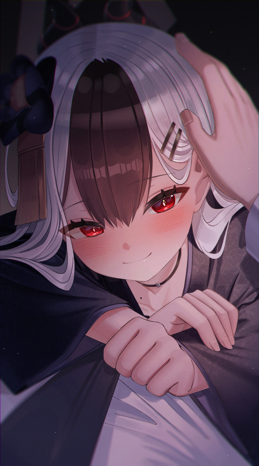 1girl, 1other, absurdres, black_hair, black_horns, black_kimono, blue_archive, blush