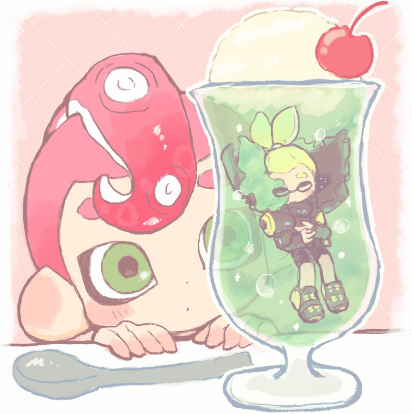 2boys, agent_3_(splatoon), agent_8_(splatoon), border, cherry, commentary_request, cream_soda, cup