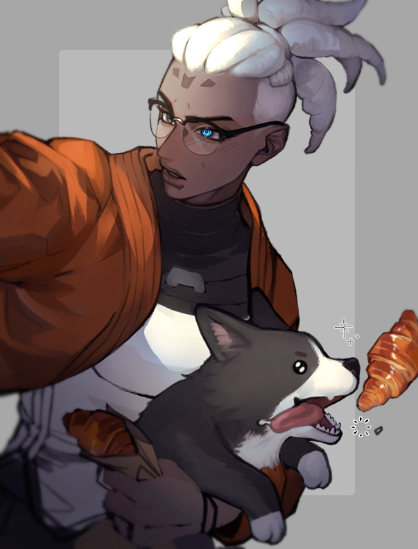 1girl, 47_lall, animal, armor, artificial_eye, blue_eyes, croissant, cyborg